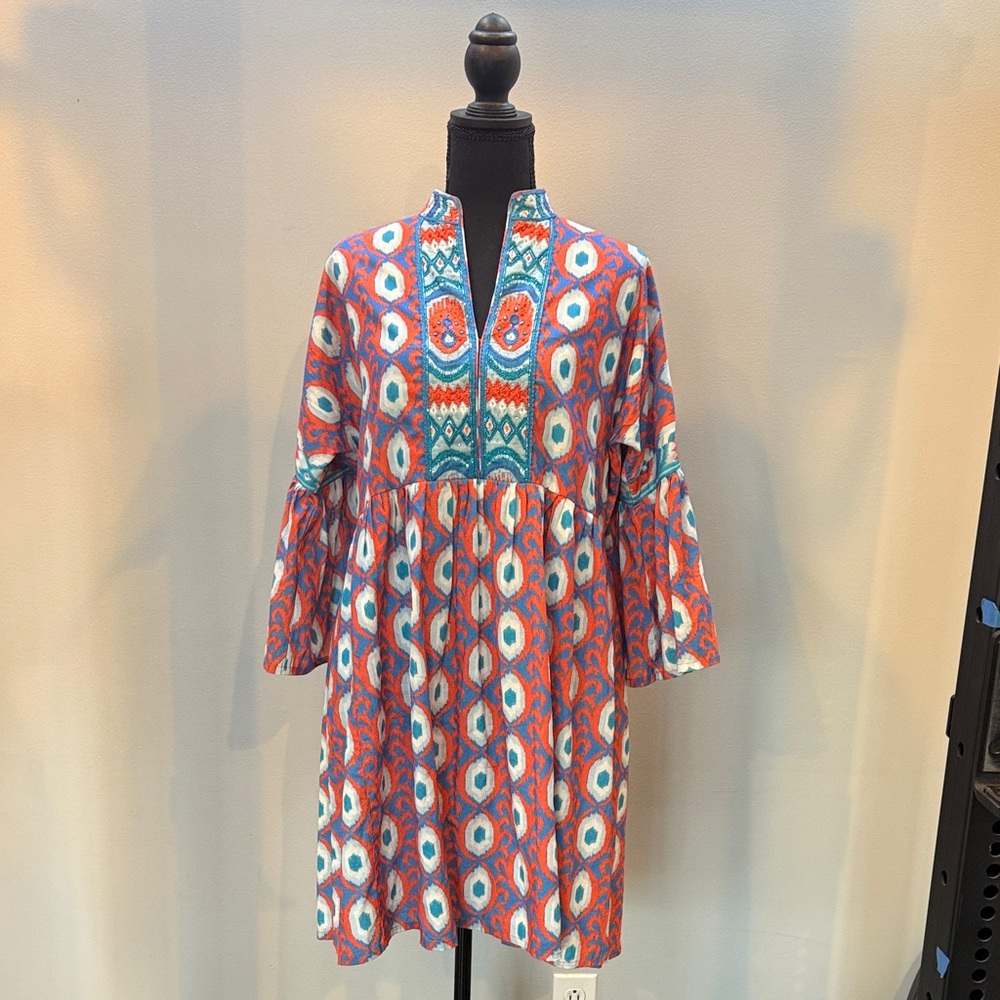 Printed Ikat Midi Dress with Embroidered Bib